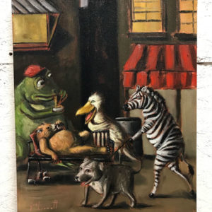 zebra-walking-dog-in-city-street-scene-by-joel-barnett-artist-original-signed-oil-paintings-greenville-sc-art-gallery-with-artwork