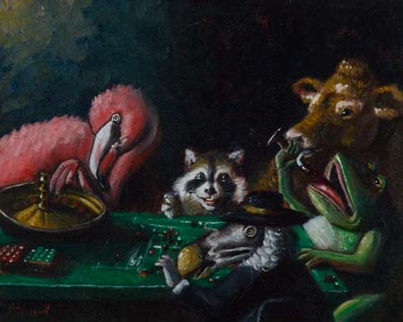 flamingo-roulette-by-joel-barnett-greenville-sc-art-gallery-greer-painting-paint-artwork-artist-frog-cow-racoon-dodo-bird-original-signed-paintings