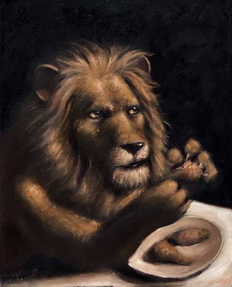 lion-eating-chicken-wings-fine-art-store-gallery-exhibition-joel-barnett-artwork-for-sale-original-oil-funny-animal-paintings-signed-dated-table-tiger-zoo